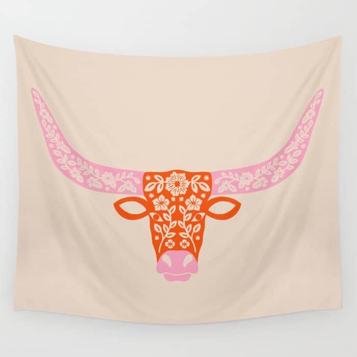 Floral Longhorn - Pink And Orange Wall Tapestry