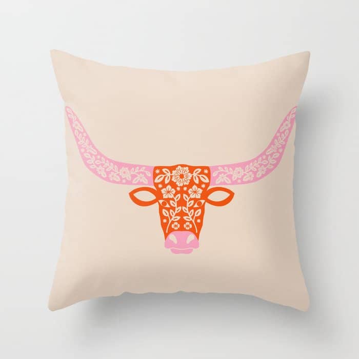 Floral Longhorn - Pink And Orange Throw Pillow