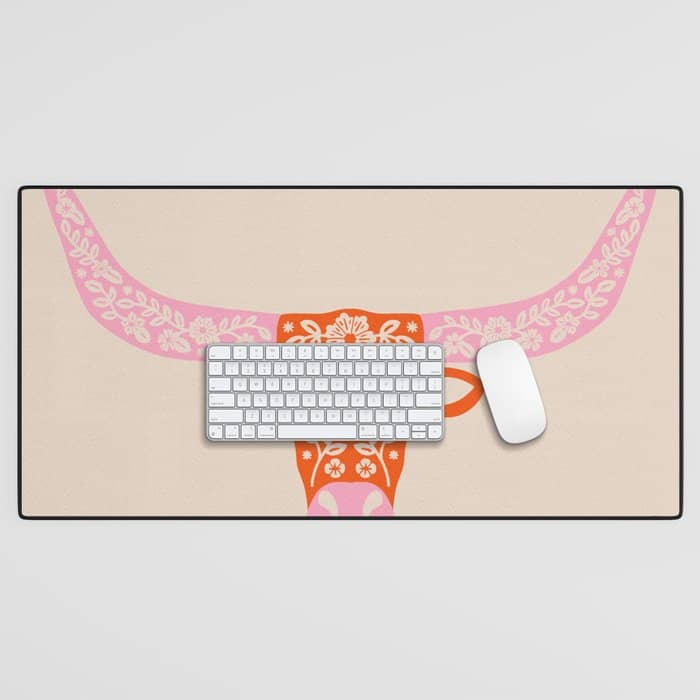 Floral Longhorn - Pink And Orange Desk Mat