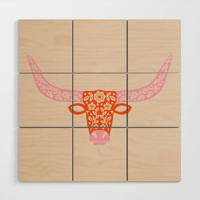 Floral Longhorn - Pink And Orange Wood Wall Art