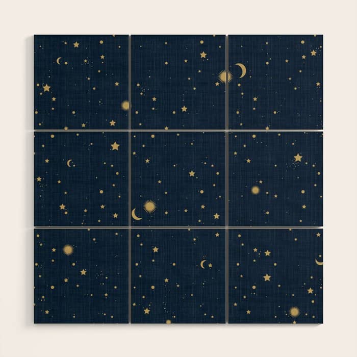 Magical Night / Galaxy In Blue And Golden Yellow Shades Wood Wall Art