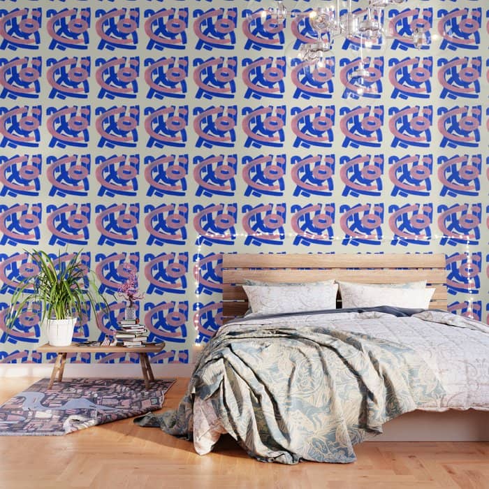 Tribal Pink Blue Fun Colorful Mid Century Modern Abstract Painting Shapes Pattern Wallpaper