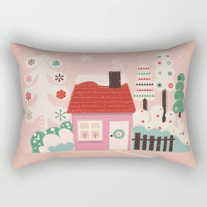 Festive Winter Hut In Pink Rectangular Pillow