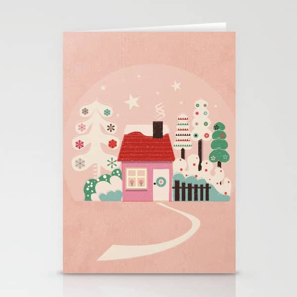 Festive Winter Hut In Pink Stationery Card
