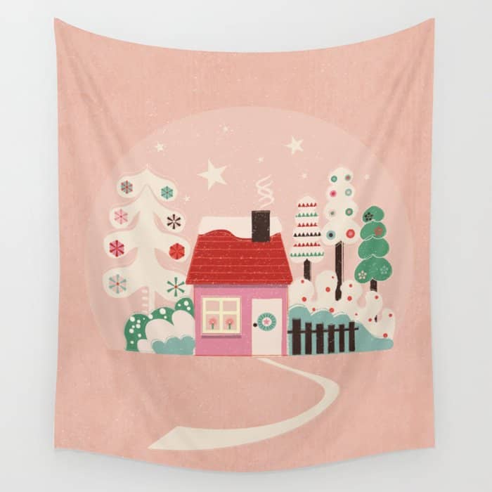 Festive Winter Hut In Pink Wall Tapestry