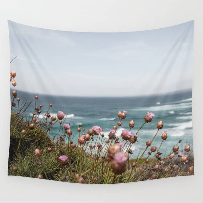 Pink Flowers By The Ocean | Travel Photography In Portugal Art Print | Summer At Bordeira Beach Wall Tapestry