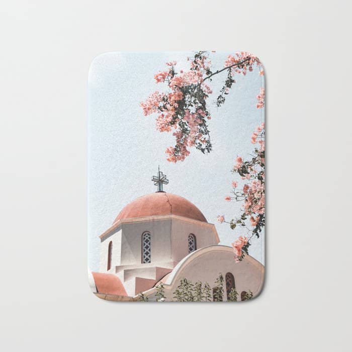 Summer In Greece Art Print | Pink Flowers Photo | Crete Island Holiday | Europe Travel Photography Bath Mat