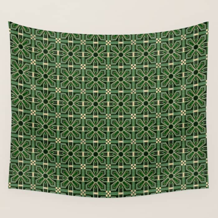 Art Deco Floral Tiles In Emerald Green And Faux Gold Wall Tapestry