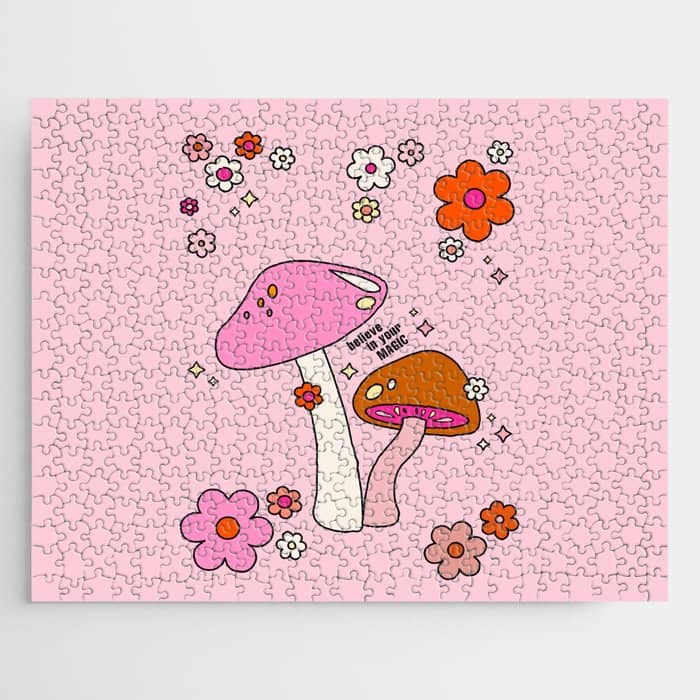 Colorful Mushrooms And Flowers In Pink Jigsaw Puzzle