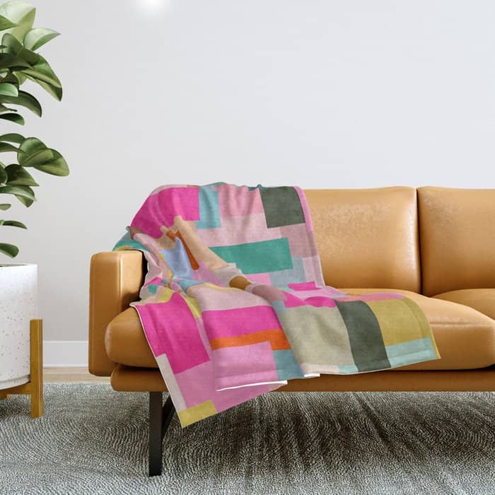 Color Block Print Mid Century Modern Decor Pink Aesthetic Retro Wall Art Geometric Pattern Abstract Throw Blanket