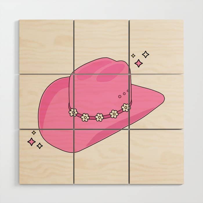 Cowboy Hat Print Pink Preppy Decor Aesthetic Wood Wall Art