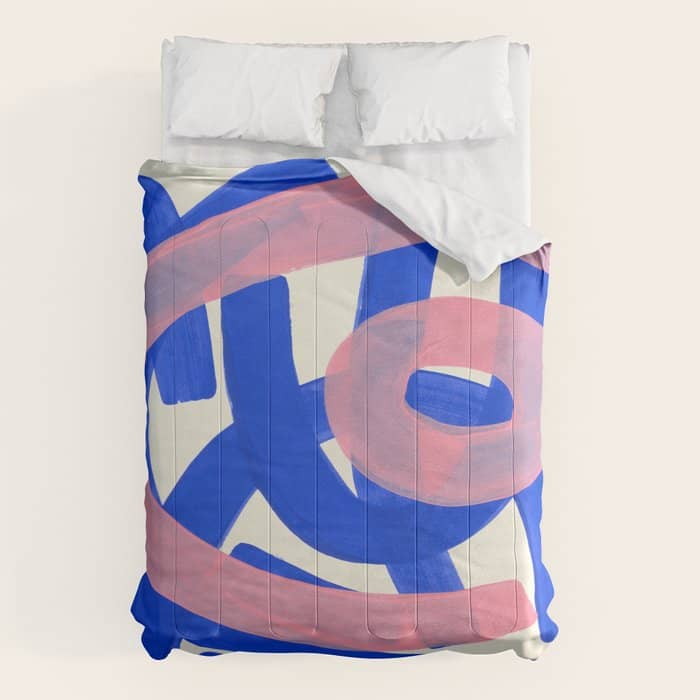 Tribal Pink Blue Fun Colorful Mid Century Modern Abstract Painting Shapes Pattern Comforter