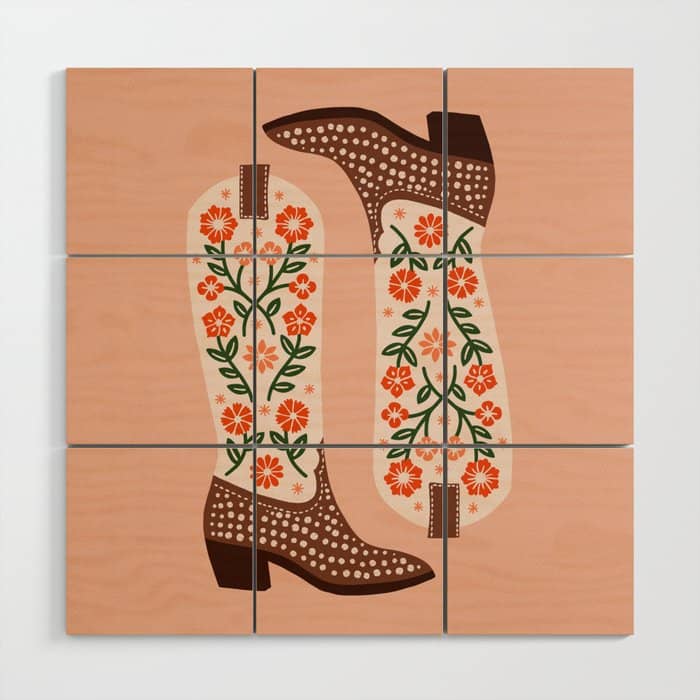 Cowgirl Boots - Orange And Green Wood Wall Art