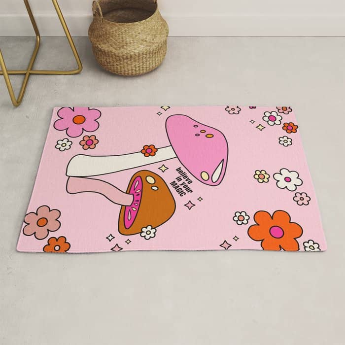 Colorful Mushrooms And Flowers In Pink Rug