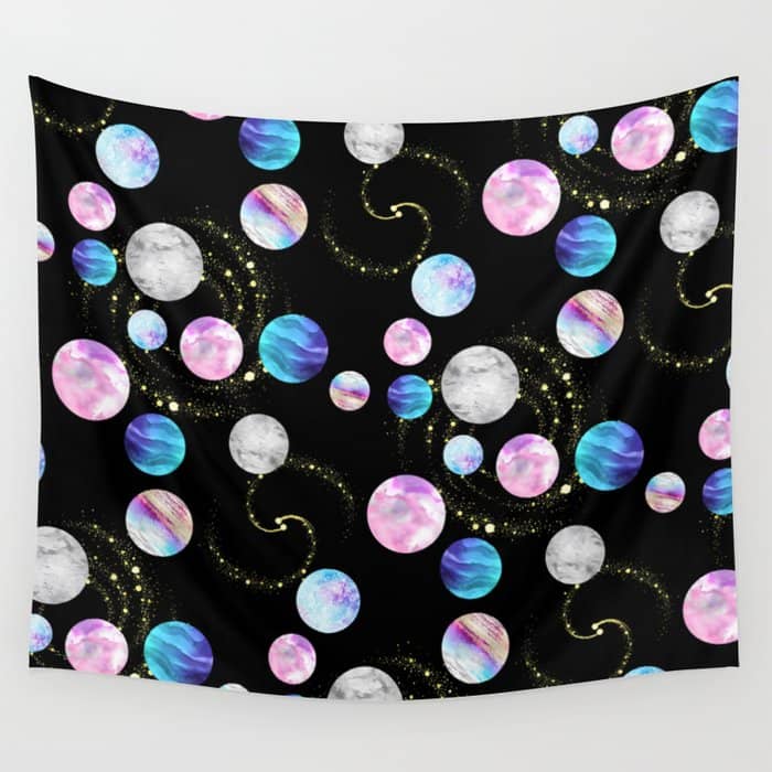 Outer Space: Planets, Galaxies, And Stars (Watercolor And Gold) Pattern Wall Tapestry