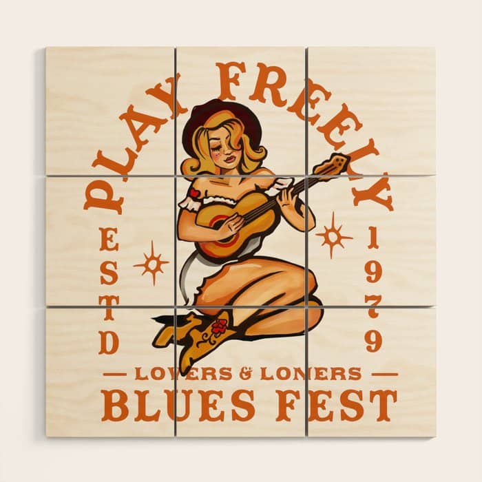 Play Freely Lovers & Loners Blues Fest Guitar Girl Wood Wall Art