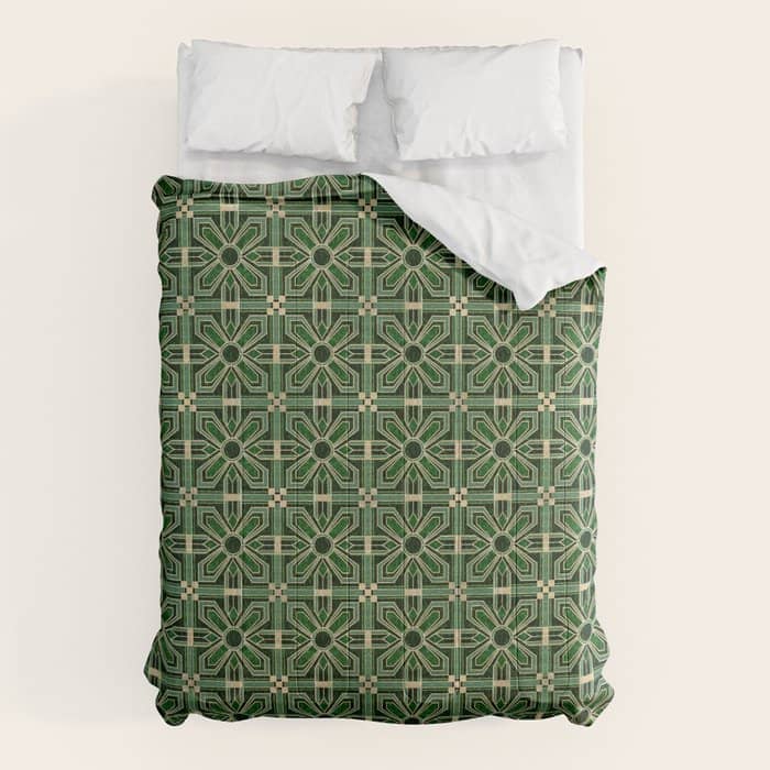 Art Deco Floral Tiles In Emerald Green And Faux Gold Comforter
