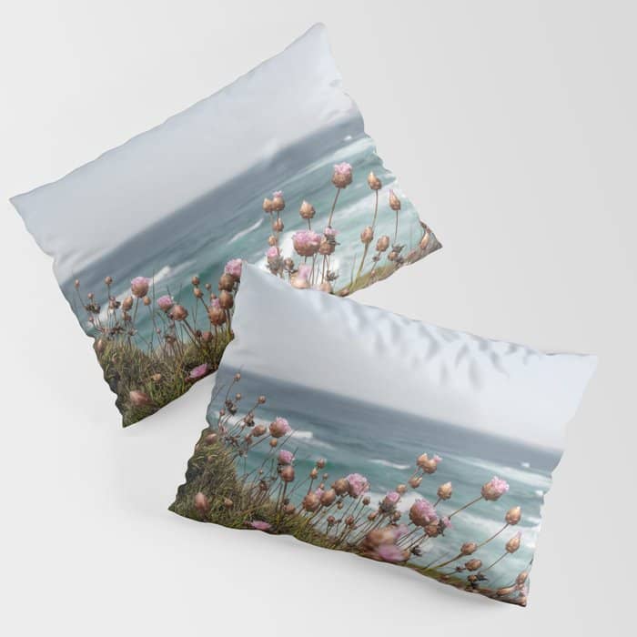 Pink Flowers By The Ocean | Travel Photography In Portugal Art Print | Summer At Bordeira Beach Pillow Sham