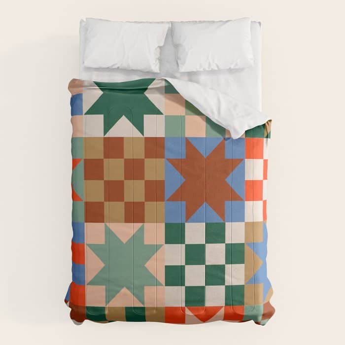 Earthy Patchwork Quilt Star Pattern Rustic Geometric Checkered Abstract In Warm Retro Colors Comforter