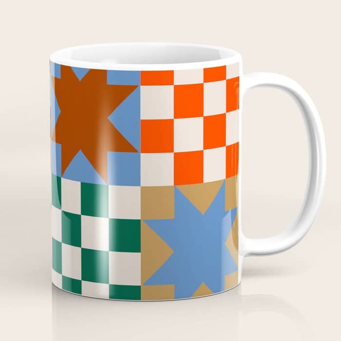 Earthy Patchwork Quilt Star Pattern Rustic Geometric Checkered Abstract In Warm Retro Colors Coffee Mug