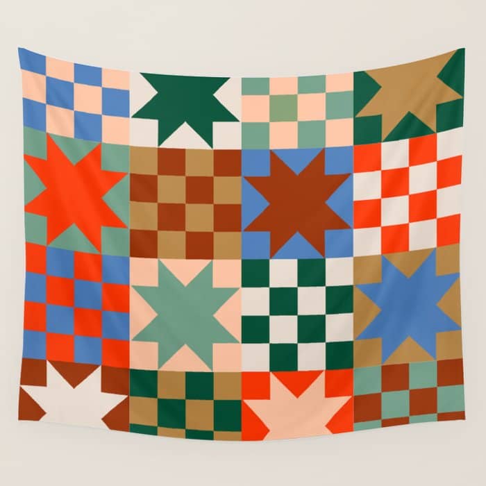 Earthy Patchwork Quilt Star Pattern Rustic Geometric Checkered Abstract In Warm Retro Colors Wall Tapestry