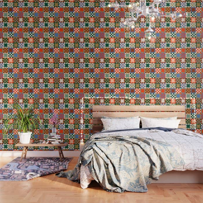 Earthy Patchwork Quilt Star Pattern Rustic Geometric Checkered Abstract In Warm Retro Colors Wallpaper