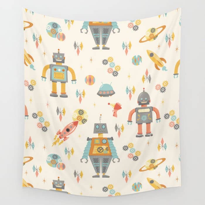 Vintage Inspired Robots In Space Wall Tapestry