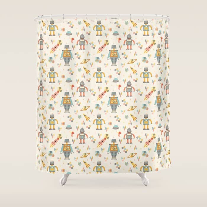 Vintage Inspired Robots In Space Shower Curtain