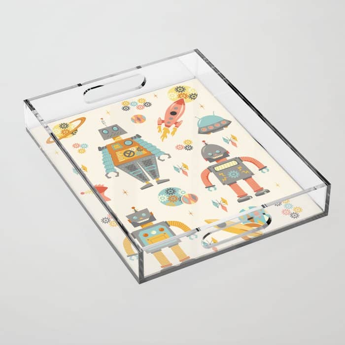 Vintage Inspired Robots In Space Acrylic Tray