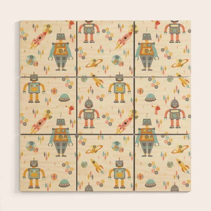 Vintage Inspired Robots In Space Wood Wall Art