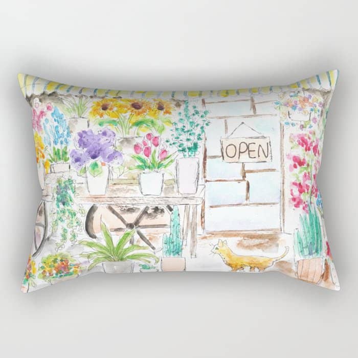 Cheerful Flower Shop And A Cat Watercolor  Rectangular Pillow