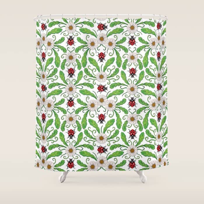 Ladybugs & Daisies - Cute Floral Bug Pattern With Ladybirds Shower Curtain