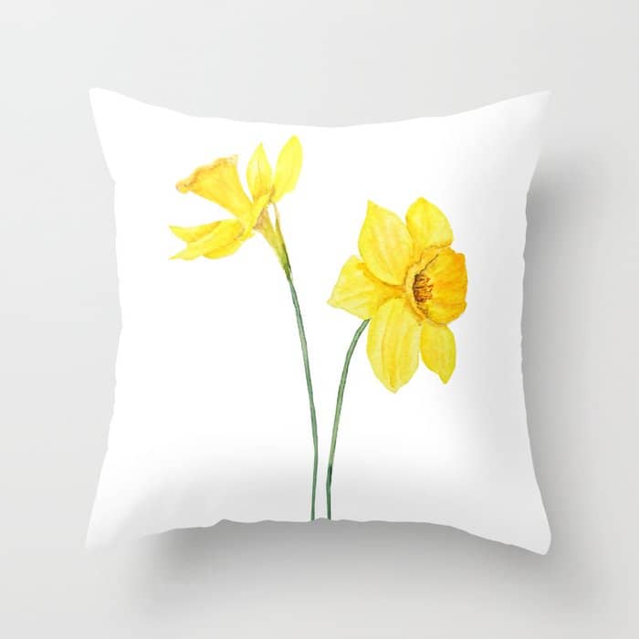 Two Botanical Yellow Daffodils Watercolor Throw Pillow