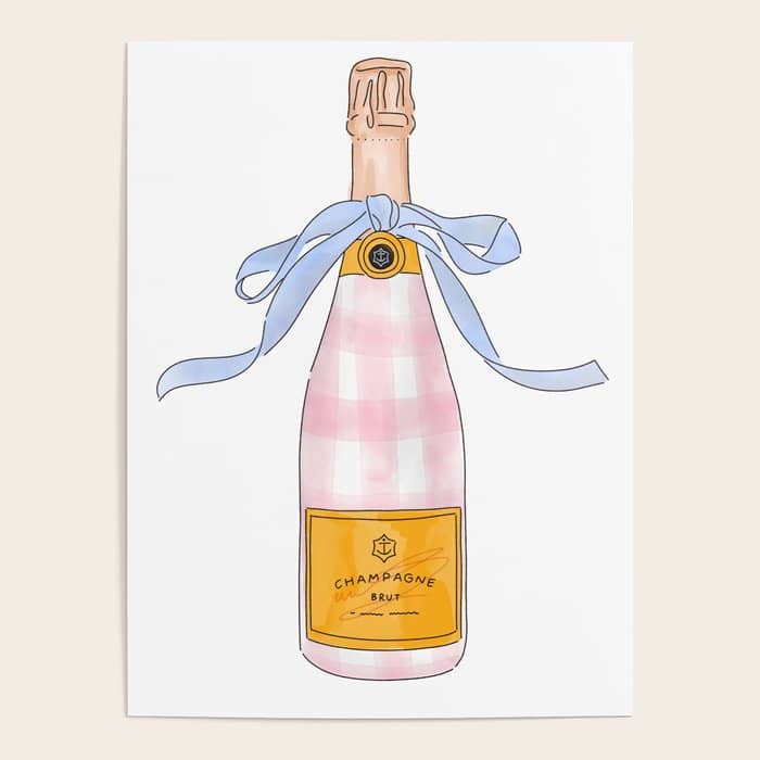 Pink Gingham Preppy Painted Champagne Bottle Poster