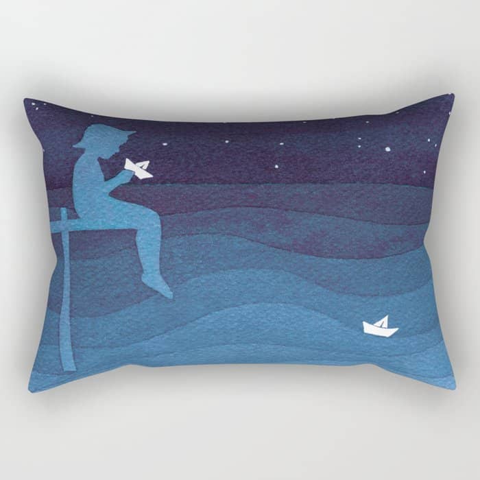 Boy With Paper Boats, Blue Rectangular Pillow