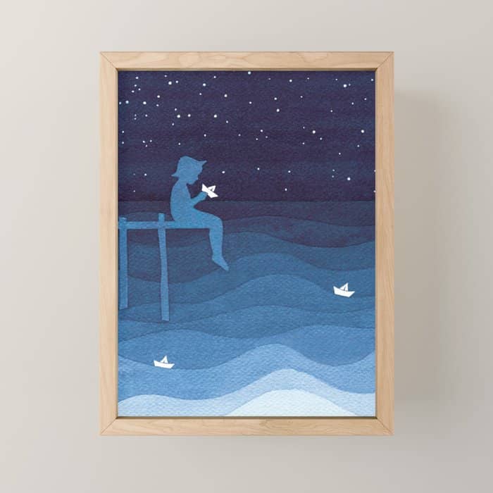 Boy With Paper Boats, Blue Mini Art Print