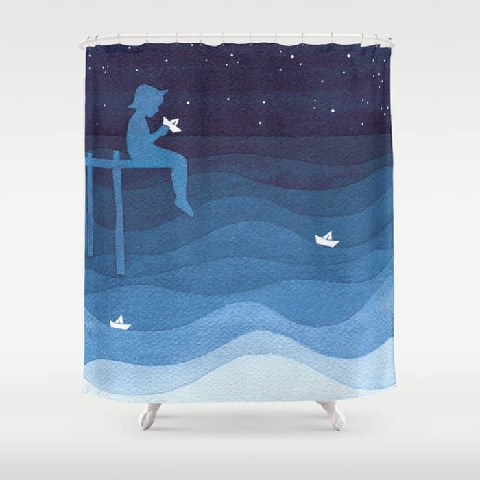Boy With Paper Boats, Blue Shower Curtain