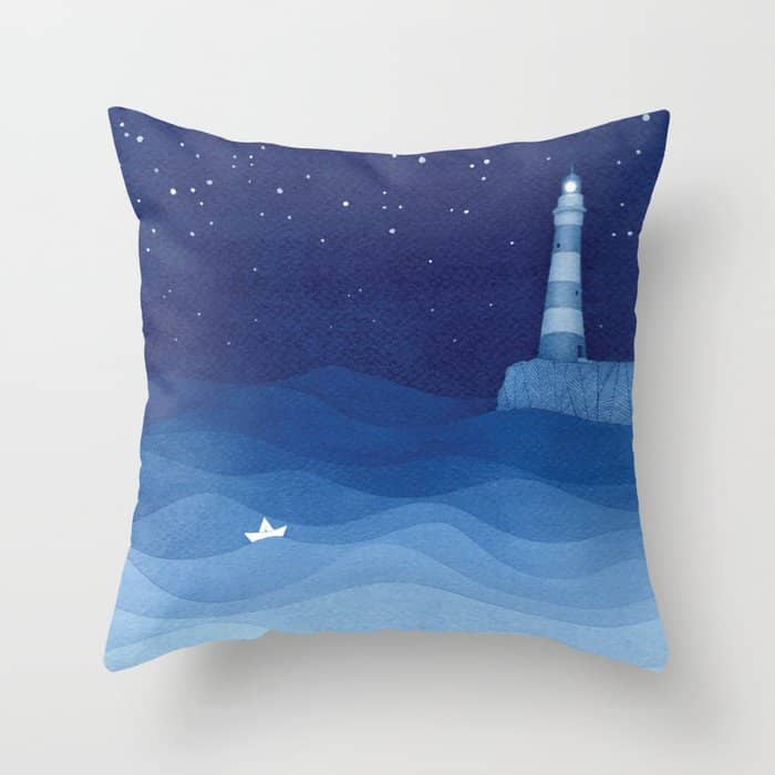 Lighthouse & The Paper Boat, Blue Ocean Throw Pillow