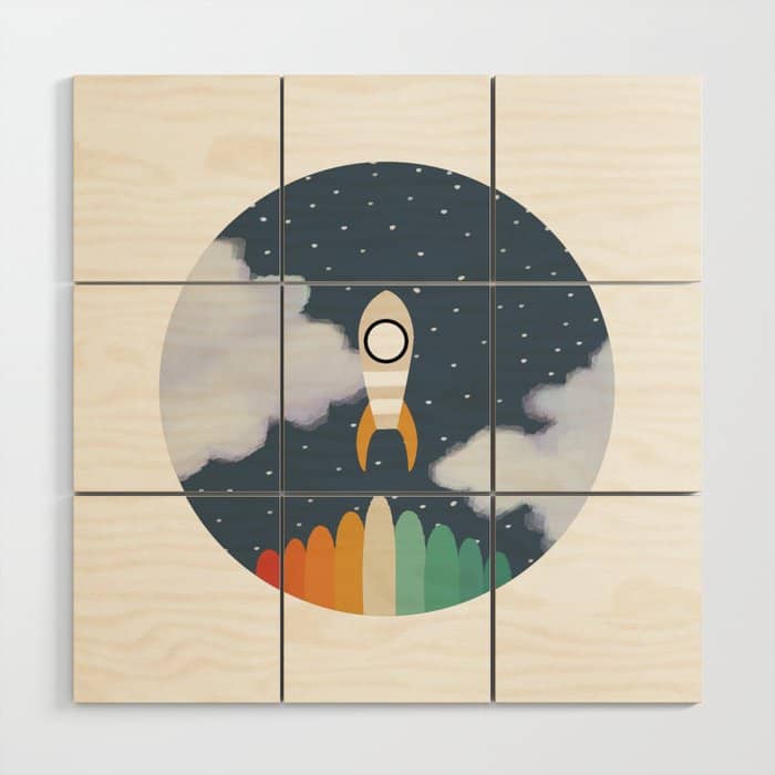 Space Rocket Print, Galaxy Outer Space Pattern Wood Wall Art