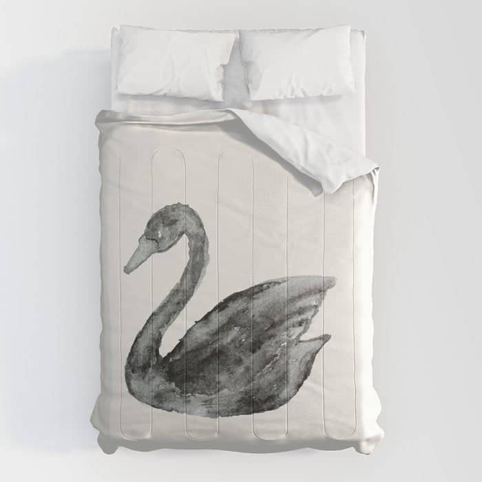 Elegant Black White Hand Painted Watercolor Swan Comforter