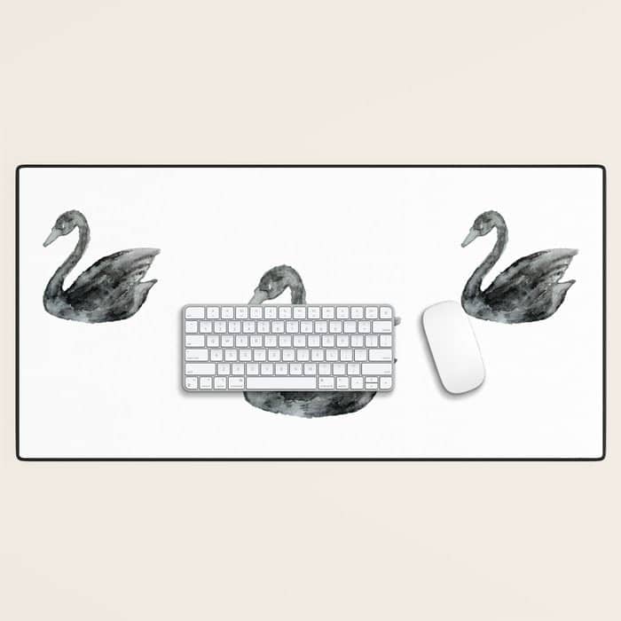 Elegant Black White Hand Painted Watercolor Swan Desk Mat