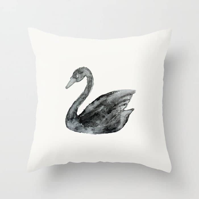 Elegant Black White Hand Painted Watercolor Swan Throw Pillow