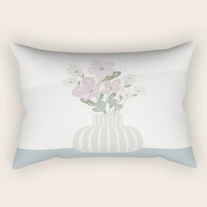 Wildflower Bouquet In Vase Illustration - Beige Muted Pink And Dusty Green Flowers Rectangular Pillow
