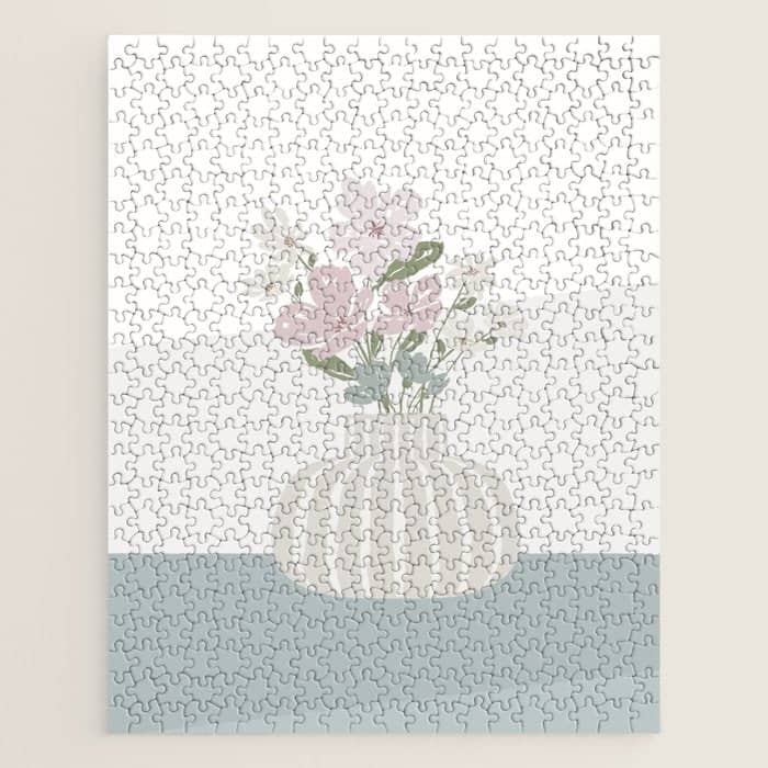 Wildflower Bouquet In Vase Illustration - Beige Muted Pink And Dusty Green Flowers Jigsaw Puzzle
