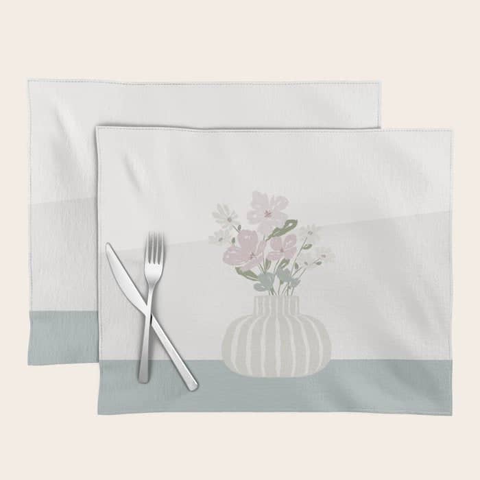 Wildflower Bouquet In Vase Illustration - Beige Muted Pink And Dusty Green Flowers Placemat