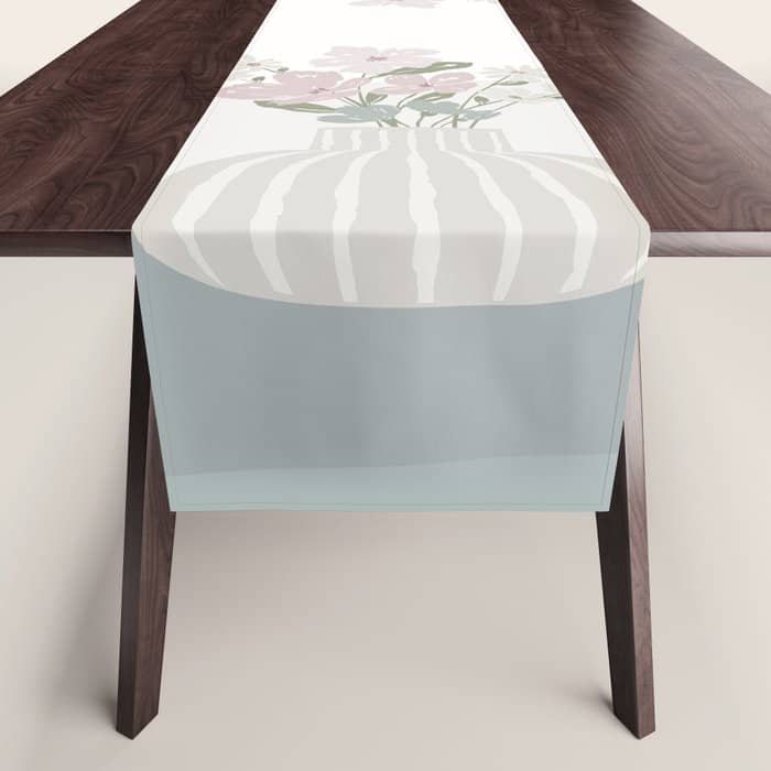Wildflower Bouquet In Vase Illustration - Beige Muted Pink And Dusty Green Flowers Table Runner