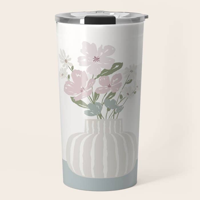 Wildflower Bouquet In Vase Illustration - Beige Muted Pink And Dusty Green Flowers Travel Mug