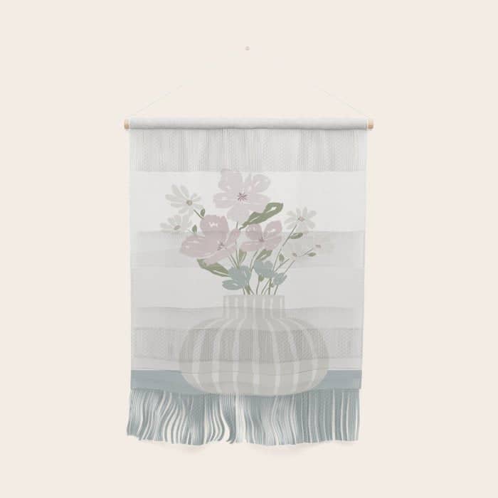 Wildflower Bouquet In Vase Illustration - Beige Muted Pink And Dusty Green Flowers Wall Hanging