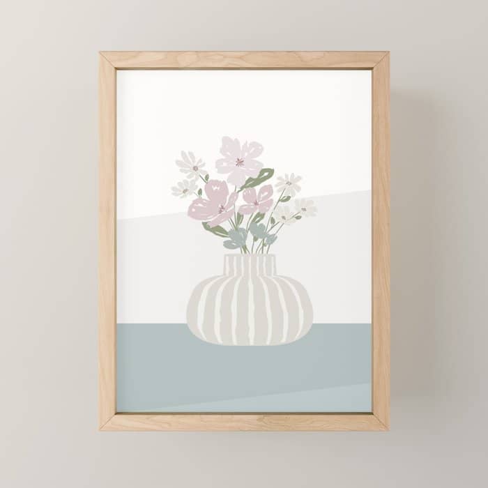 Wildflower Bouquet In Vase Illustration - Beige Muted Pink And Dusty Green Flowers Mini Art Print