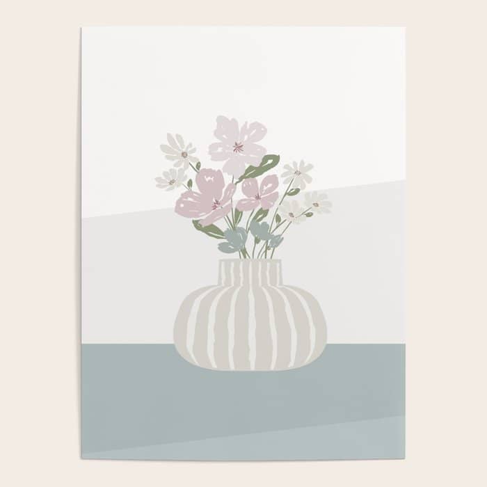 Wildflower Bouquet In Vase Illustration - Beige Muted Pink And Dusty Green Flowers Poster